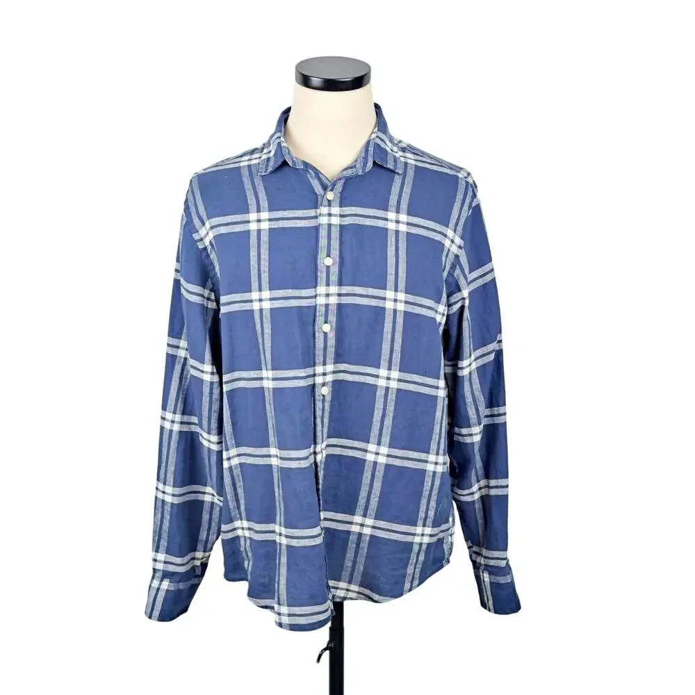UNTUCKit Men's Large Linen Blue White Plaid L/S Shirt Wrinkle Resistant - Picture 2 of 7